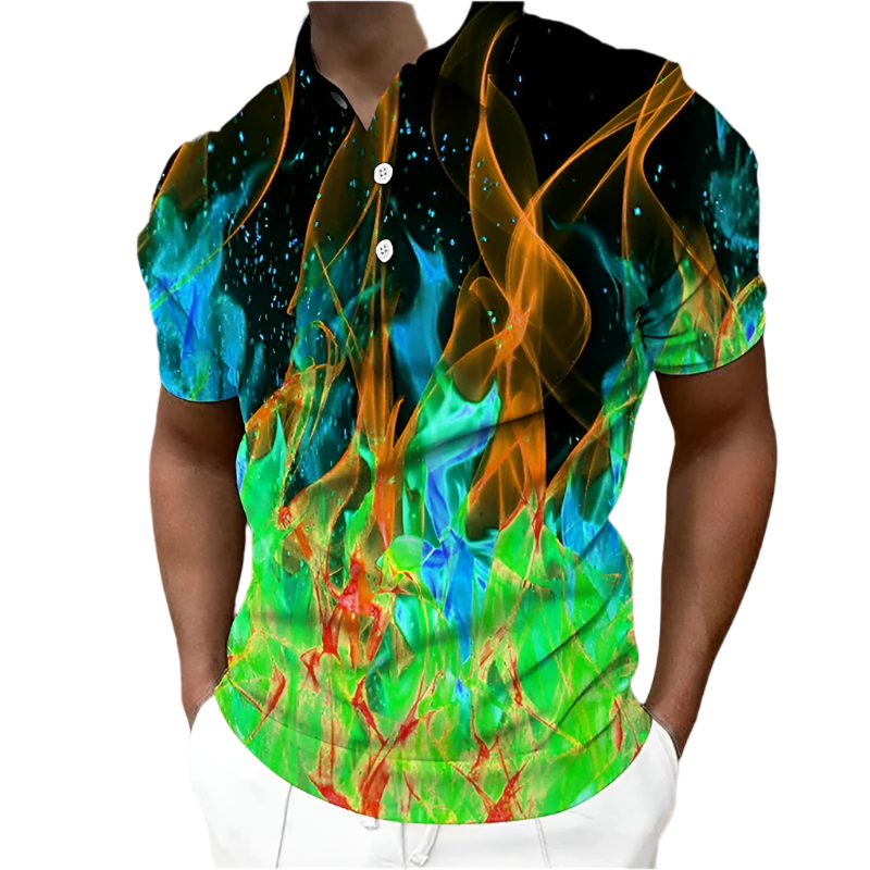 Person wearing a colorful flame-patterned shirt with a blurred background