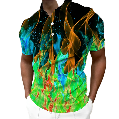 Person wearing a colorful flame-patterned shirt with a blurred background