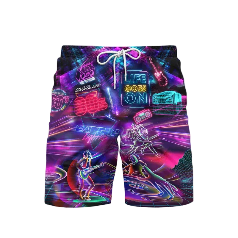 Colorful shorts with neon graphics and text on a white background