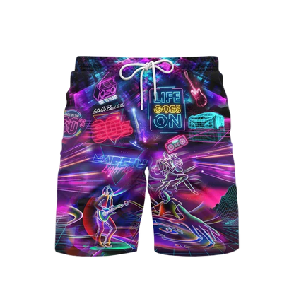Colorful shorts with neon graphics and text on a white background
