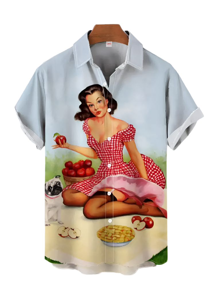 Shirt with a vintage-style print of a woman in a red dress holding apples on a white background