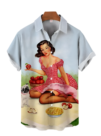 Shirt with a vintage-style print of a woman in a red dress holding apples on a white background