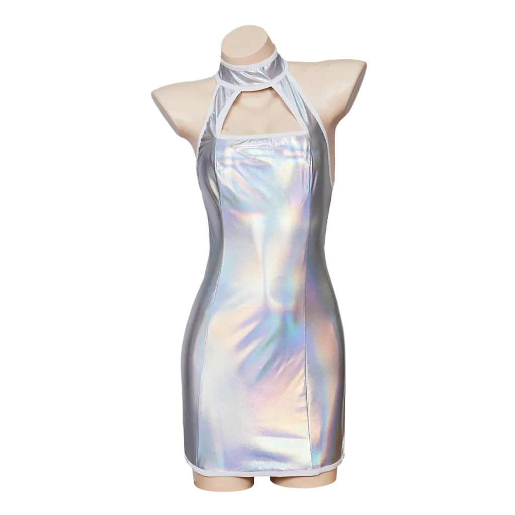 A silver holographic mini dress with a halter neckline. It features a sleek, reflective finish that catches the light, creating a futuristic look.