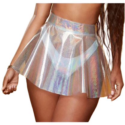 Holographic skirt worn by a person on a yellow background