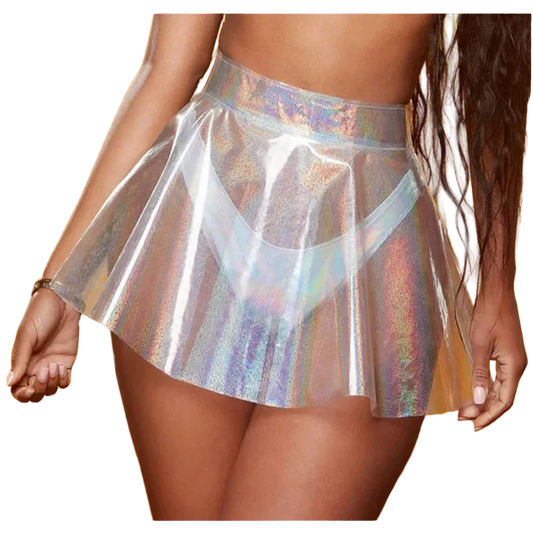 Holographic skirt worn by a person on a yellow background