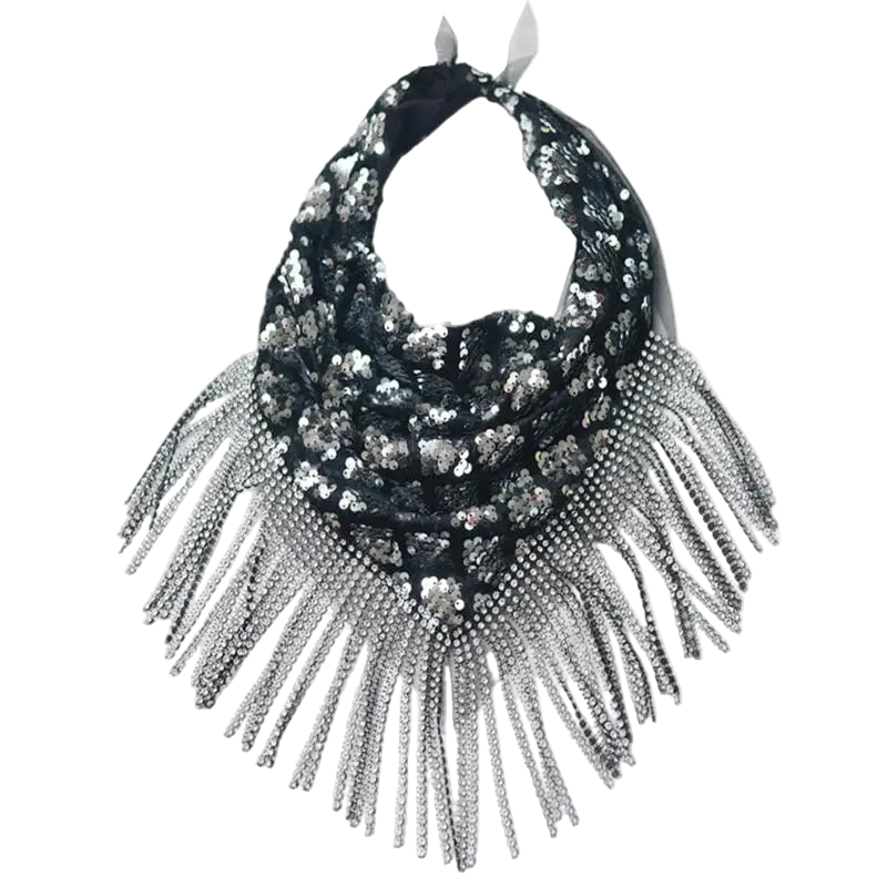 Black sequin bib with silver fringe on a white background
