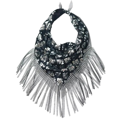 Black sequin bib with silver fringe on a white background