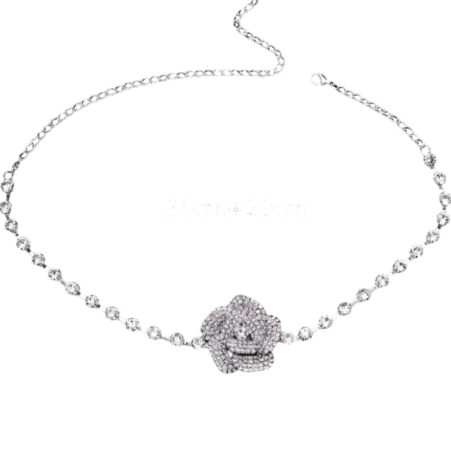 3D crystal rose choker with full rhinestone tennis chain - perfect for elegant resort evenings