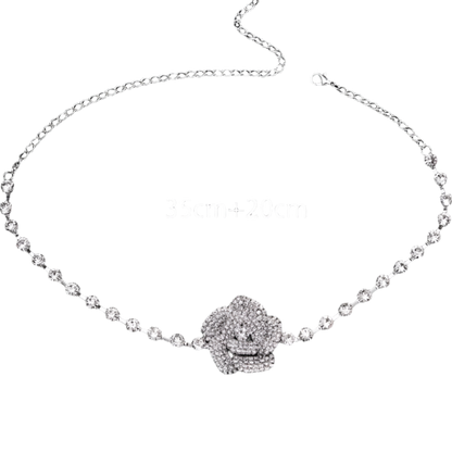 3D crystal rose choker with full rhinestone tennis chain - perfect for elegant resort evenings