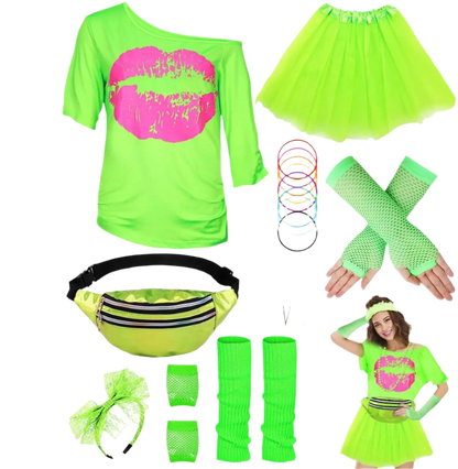 Collection of neon green and pink accessories and clothing on a white background