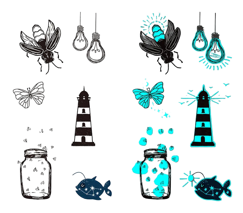 Set of black and blue tattoos on a white and gray background