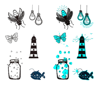 Set of black and blue tattoos on a white and gray background