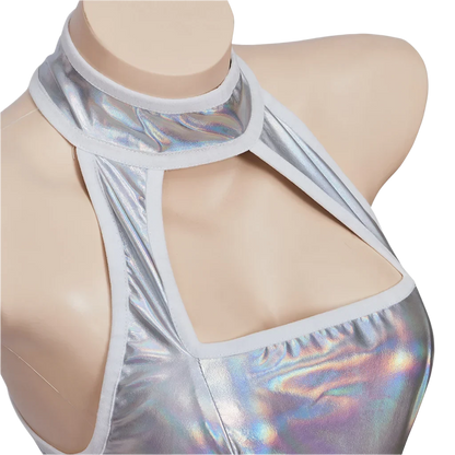 A silver holographic mini dress with a halter neckline. It features a sleek, reflective finish that catches the light, creating a futuristic look.