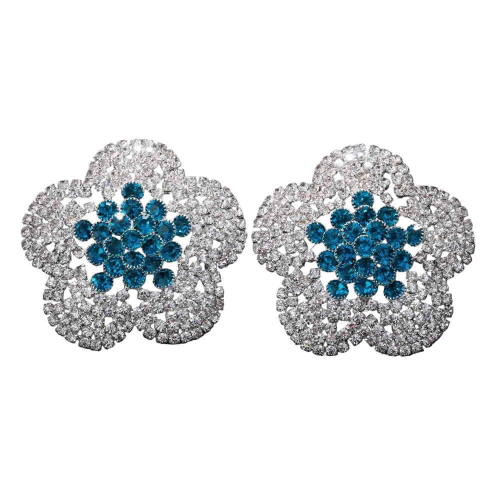 Pair of floral earrings with blue and silver design on a black background
