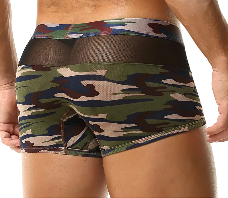 Men's camouflage boxer briefs with a sheer mesh panel, shown on a model from the back against a white background.