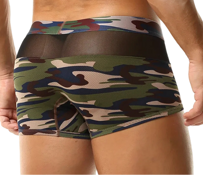 Men's camouflage boxer briefs with a sheer mesh panel, shown on a model from the back against a white background.
