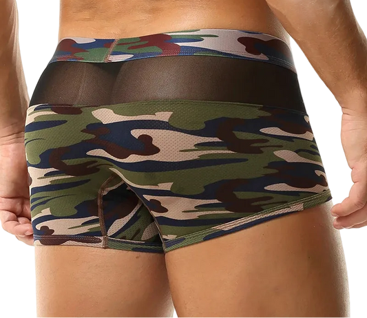 Men's camouflage boxer briefs with a sheer mesh panel, shown on a model from the back against a white background.