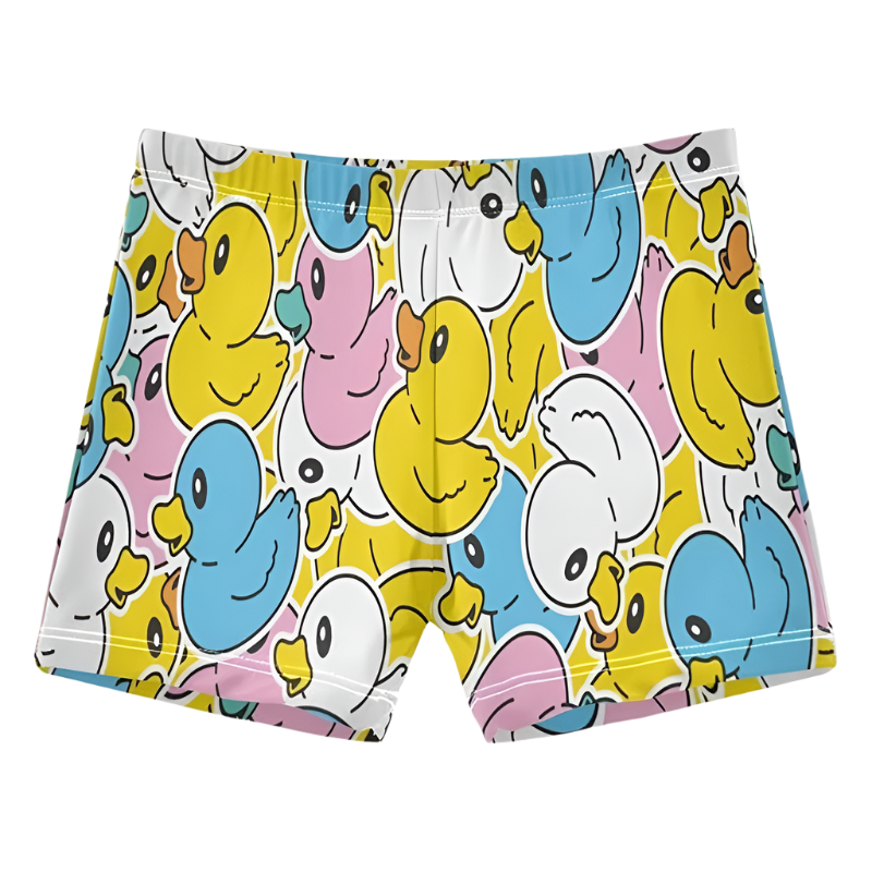 Duck Print Beach Shorts featuring playful design, perfect for luxury adult resort pool parties