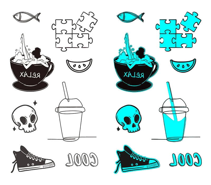 Two sets of black and blue designs on white and gray backgrounds, featuring coffee cups, skate shoes, and other elements.