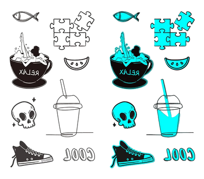 Two sets of black and blue designs on white and gray backgrounds, featuring coffee cups, skate shoes, and other elements.