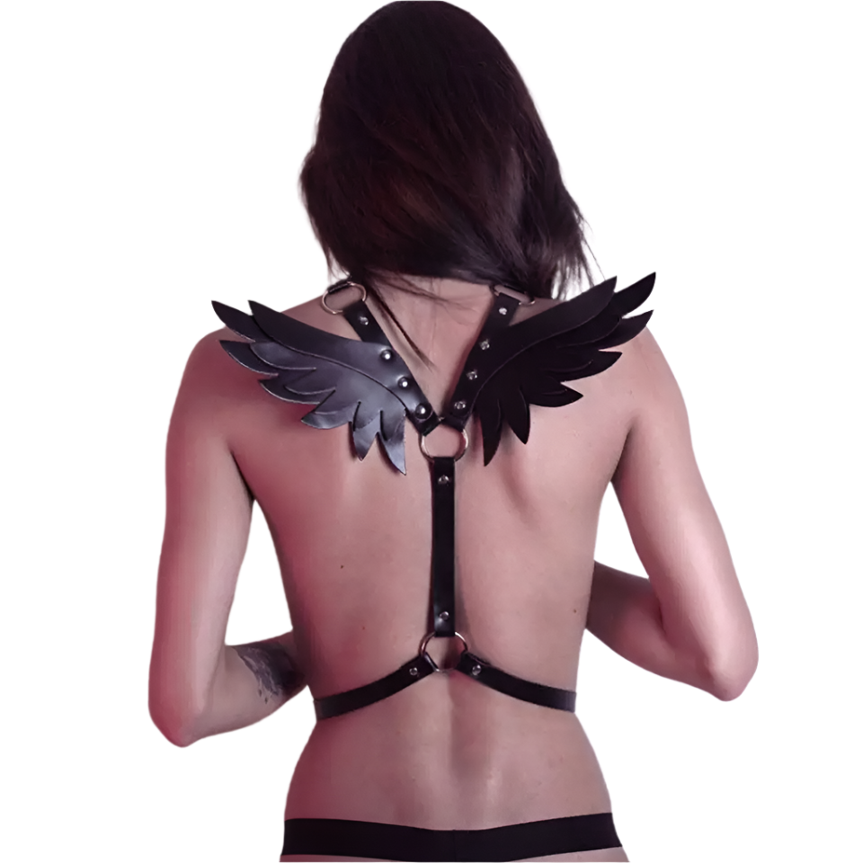 Gothic Leather Angel Wing Harness Belt in Black, Front View for Resort Theme Nights