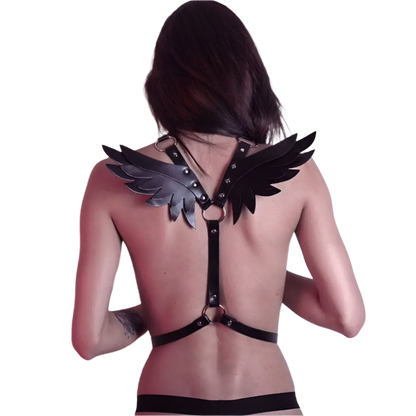 Gothic Leather Angel Wing Harness Belt in Black, Front View for Resort Theme Nights