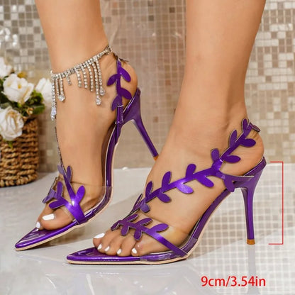 Women’s Leaf Detail Stiletto Sandals | Rhinestone High Heels