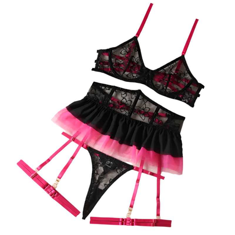 Lingerie set with pink and black tutu-style skirt, yellow stockings