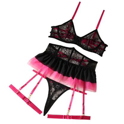 Lingerie set with pink and black tutu-style skirt, yellow stockings