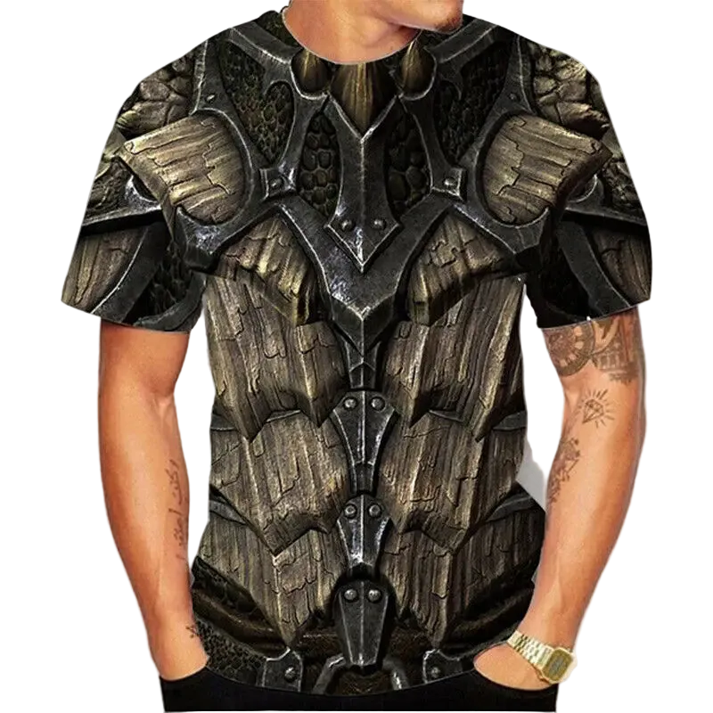 T-shirt with armor design worn by a person on a white background