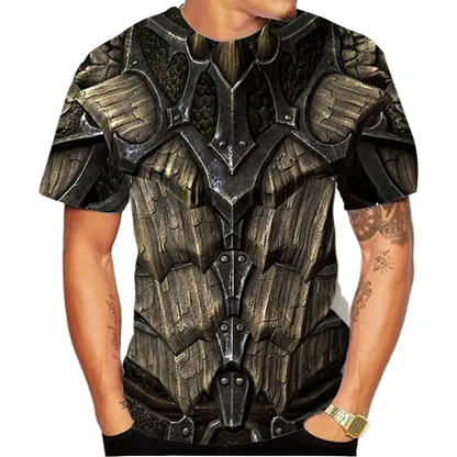 T-shirt with armor design worn by a person on a white background
