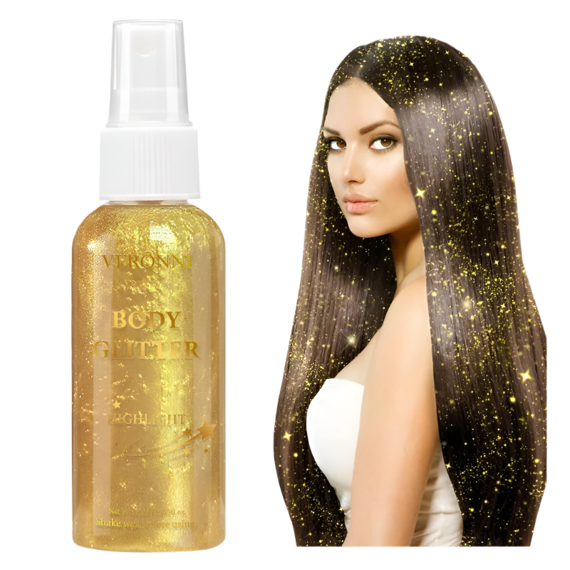 Bottle of Veronni Body Glitter with a woman with glittery hair on a white background