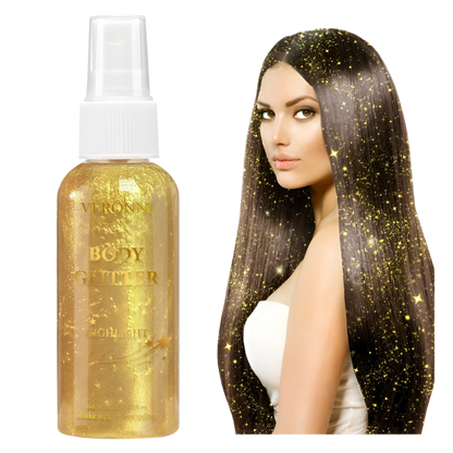 Bottle of Veronni Body Glitter with a woman with glittery hair on a white background