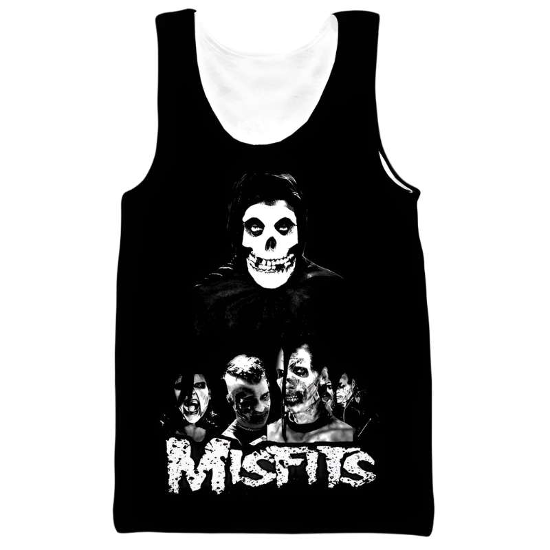 Black tank top with 'Misfits' graphic design featuring a skeleton and band members on a white background.