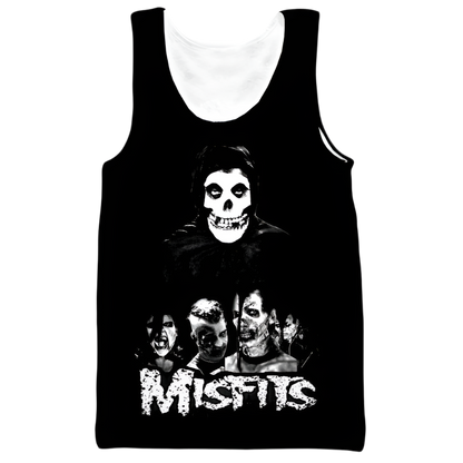 Black tank top with 'Misfits' graphic design featuring a skeleton and band members on a white background.
