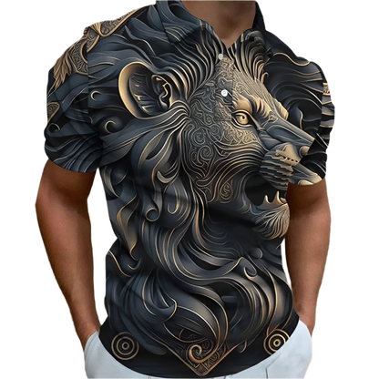 Oversized 3D animal print polo shirt with retro design, perfect for resort golf and casual wear

