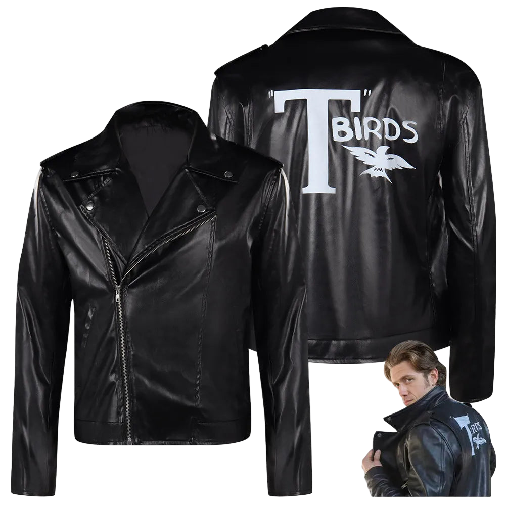 Black leather jacket with 'T Birds' design on a white background
