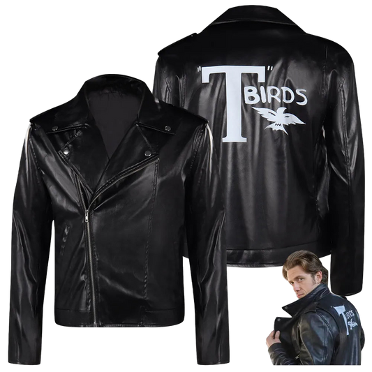 Black leather jacket with 'T Birds' design on a white background