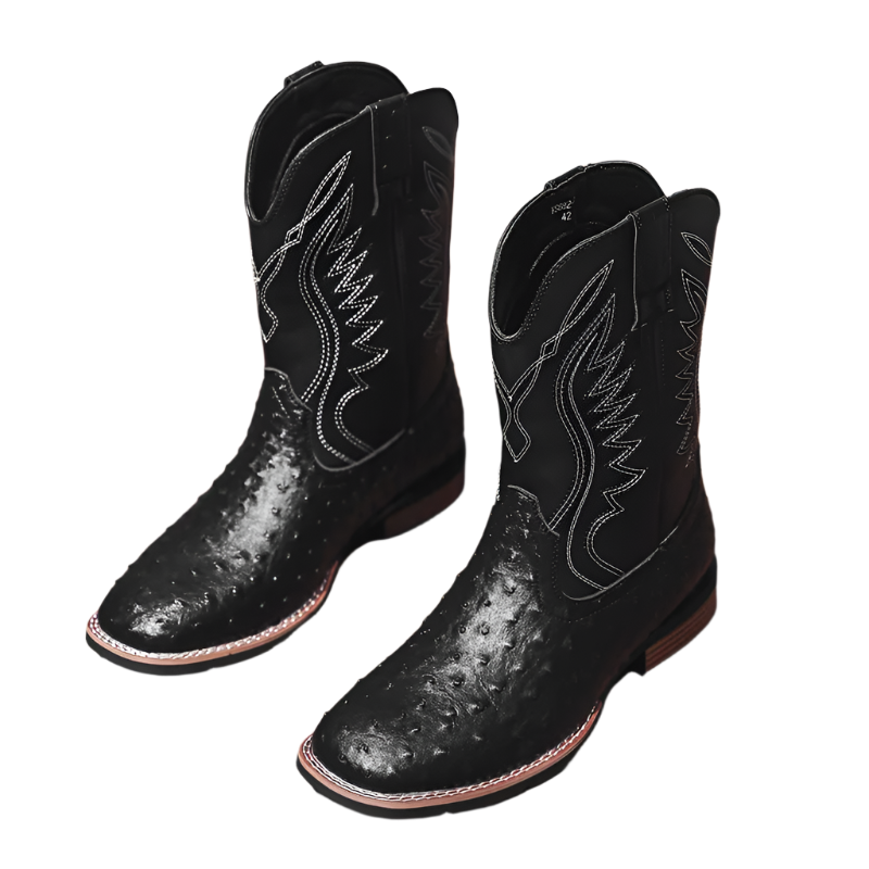 Pair of black cowboy boots with white stitching on a wooden surface