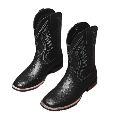 Pair of black cowboy boots with white stitching on a wooden surface