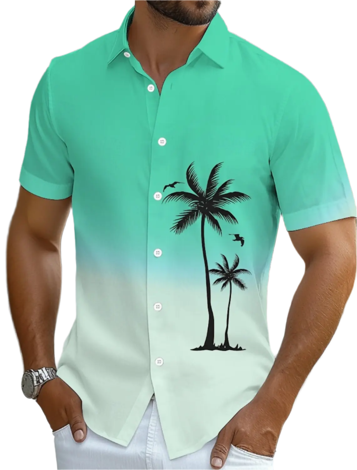 Green button-up shirt with palm tree design worn by a person