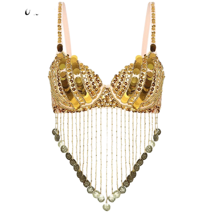 Women's Shiny Sequin Beaded Belly Dance Bra Tops with Tassels