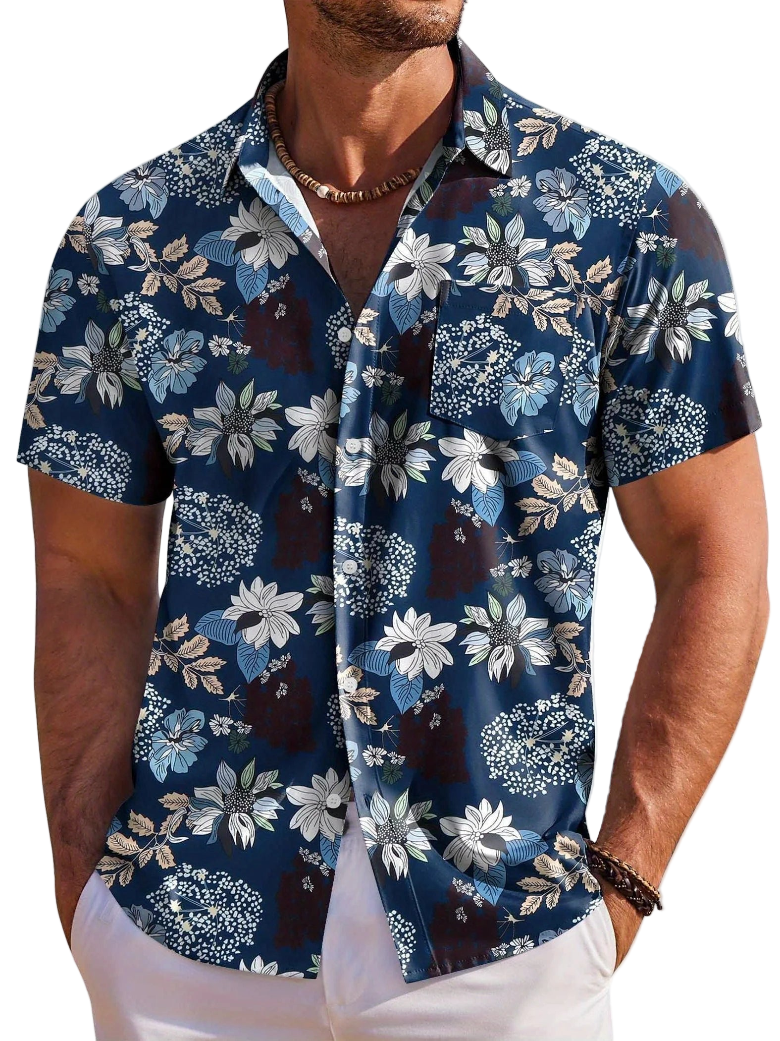 Man wearing a blue floral short-sleeve shirt on a white background