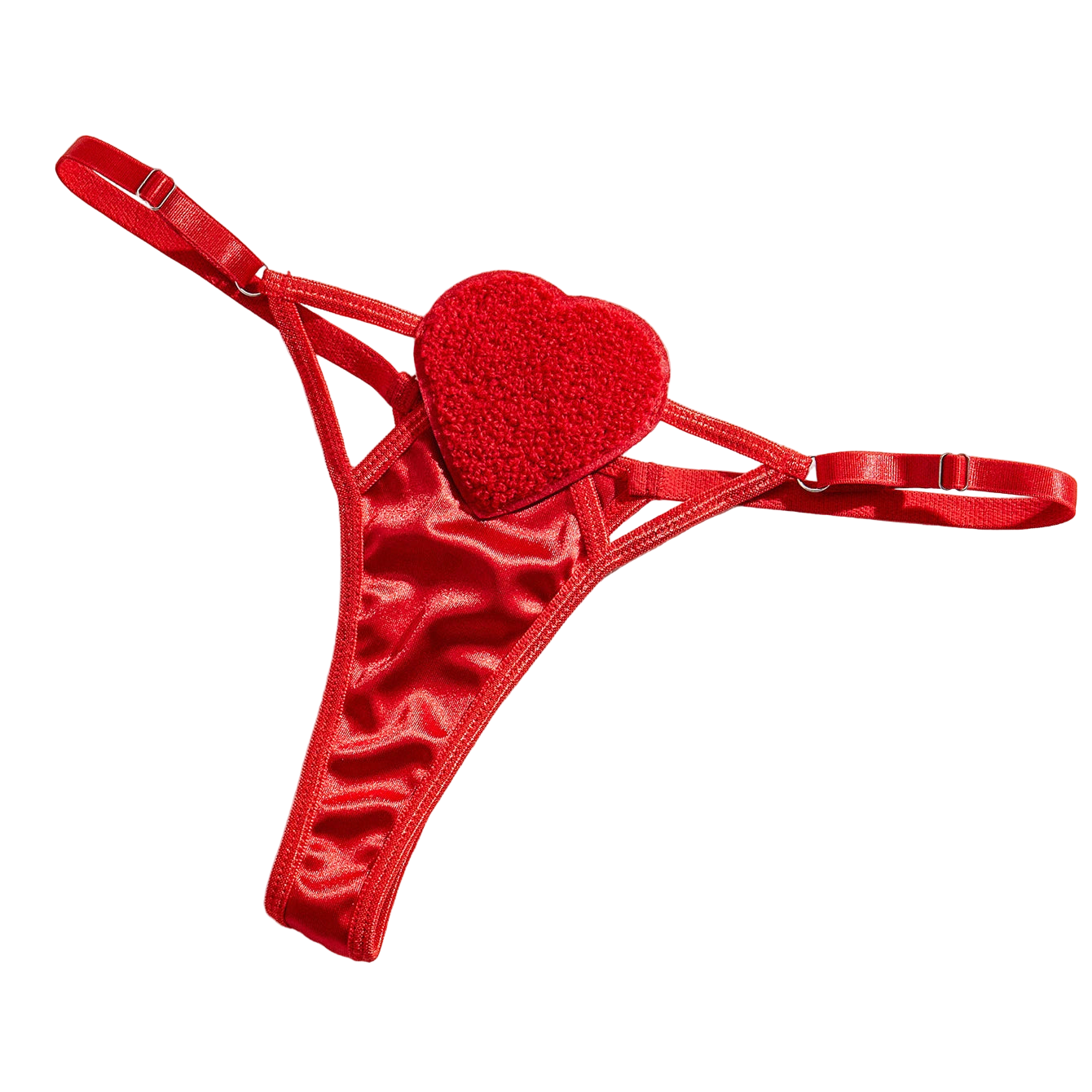 Red satin thong with a heart design on a white background