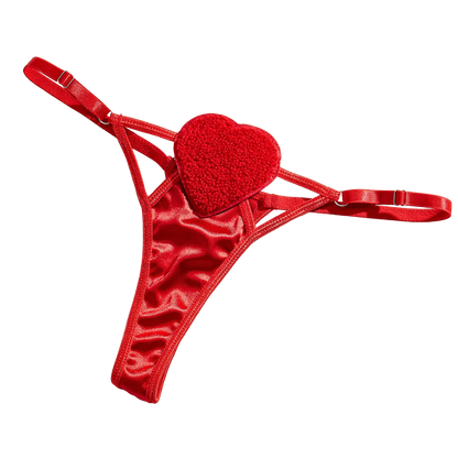 Red satin thong with a heart design on a white background