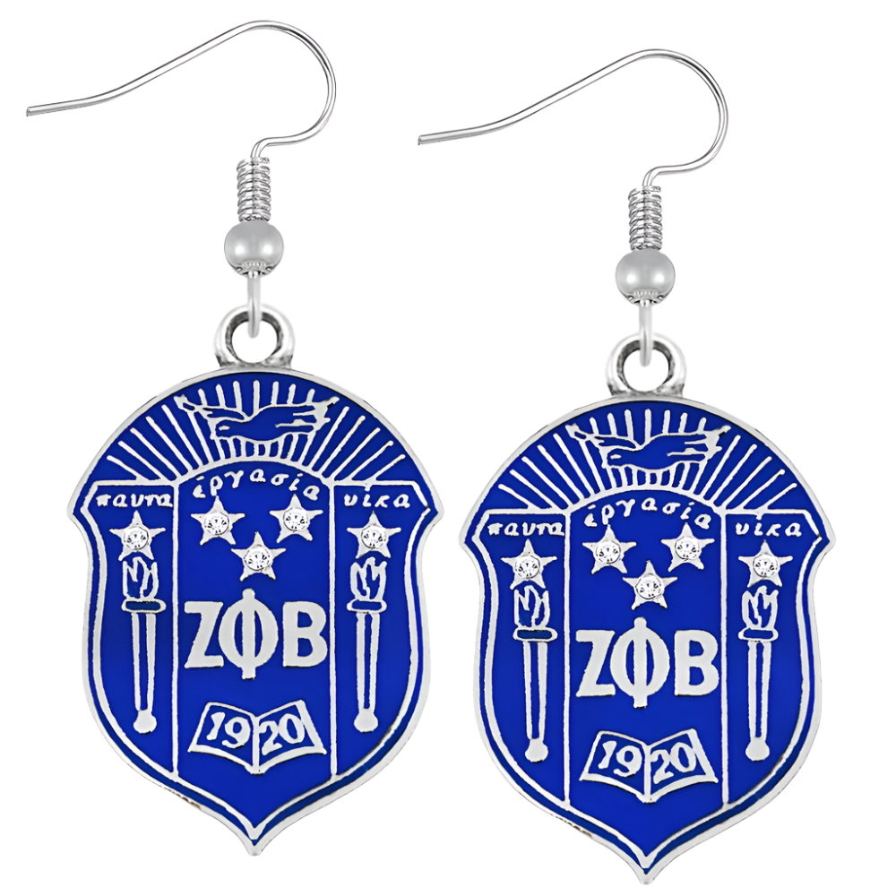 Blue and silver earrings with a logo and text on a white background