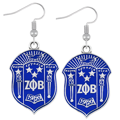 Blue and silver earrings with a logo and text on a white background