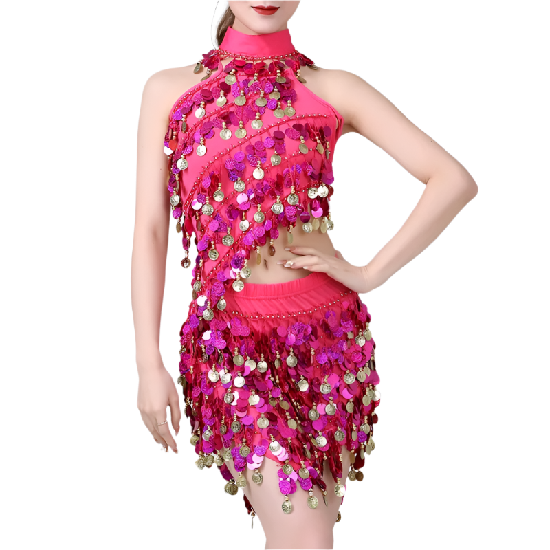  sequin coin tassel Latin dance set with fringe top and skirt for professional resort performances
