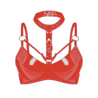 Red bra with a white background