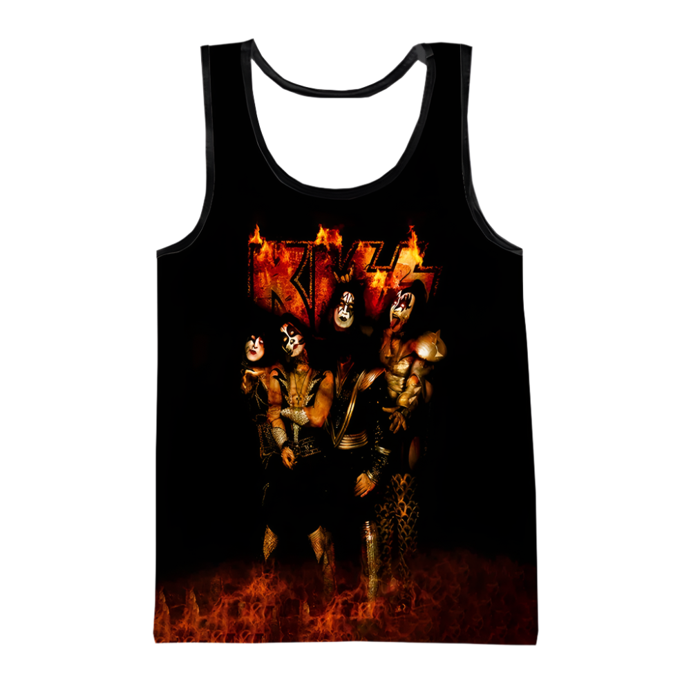 Black tank top with KISS band graphic on a white background